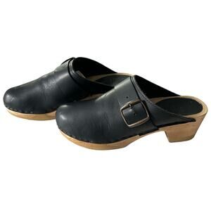 Sven Black Leather Clog Heels with Wood Sole